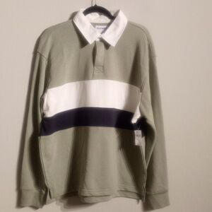 Old Navy Men's Green and White Rugby Shirt